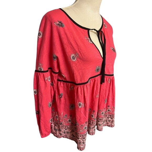 Lucky Brand Floral Boho Coral Tie Neck Keyhole 3./4 Bishop Sleeves Blouse Sz S - Picture 4 of 9